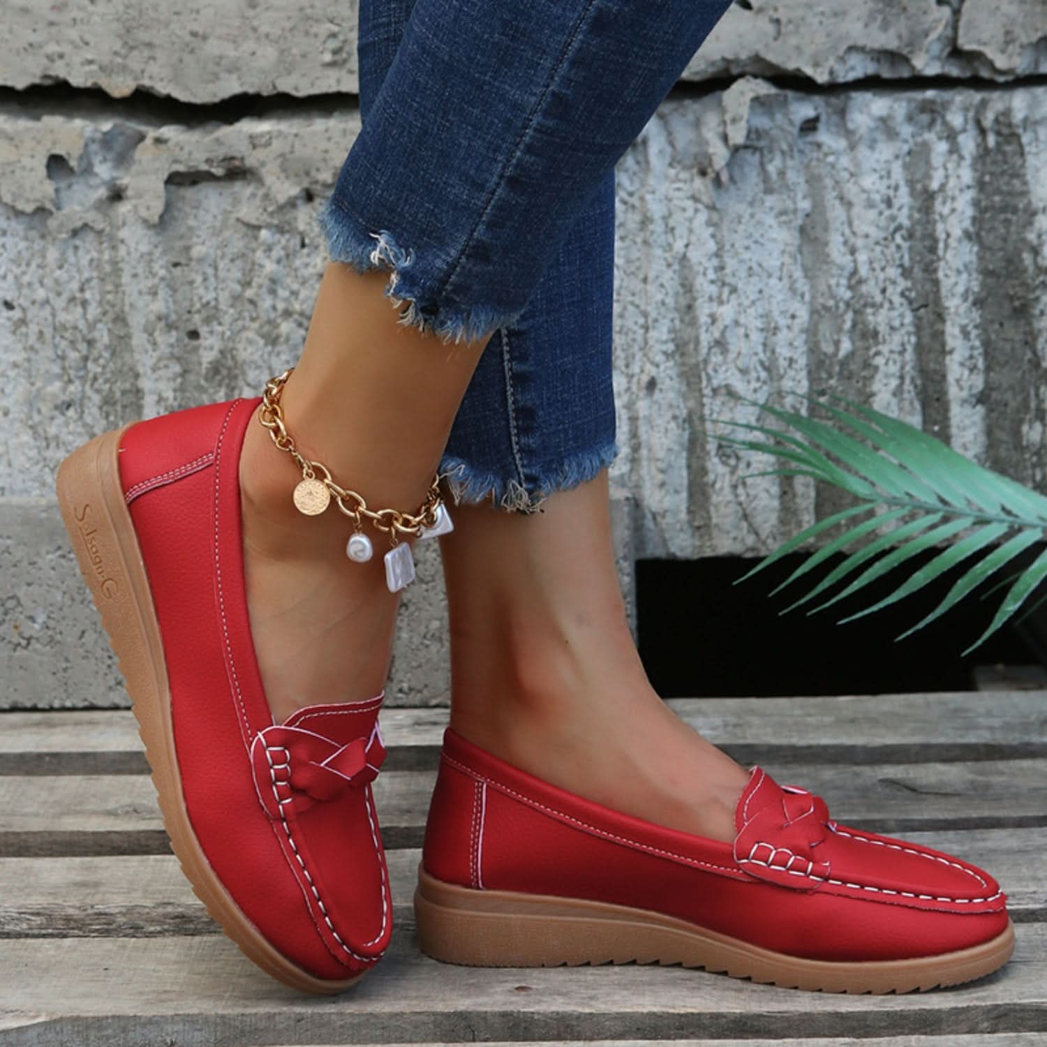 Weave Wedge Heeled Loafers Deep Red