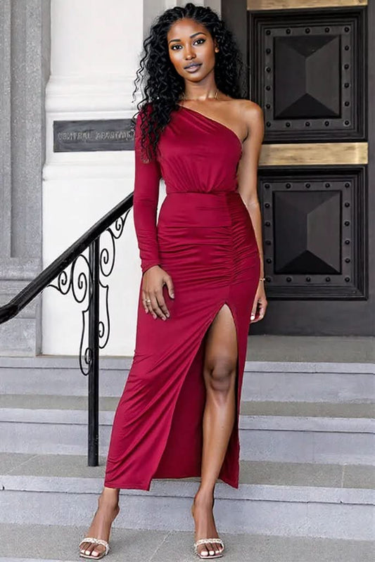 One Shoulder Ruched Slit Maxi Dress Deep Red