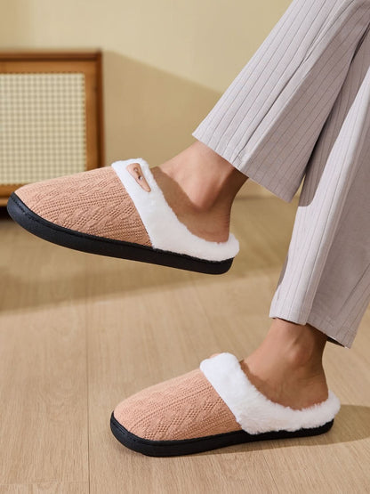 Horn Buckle Furry Texture Flat Slippers Tan