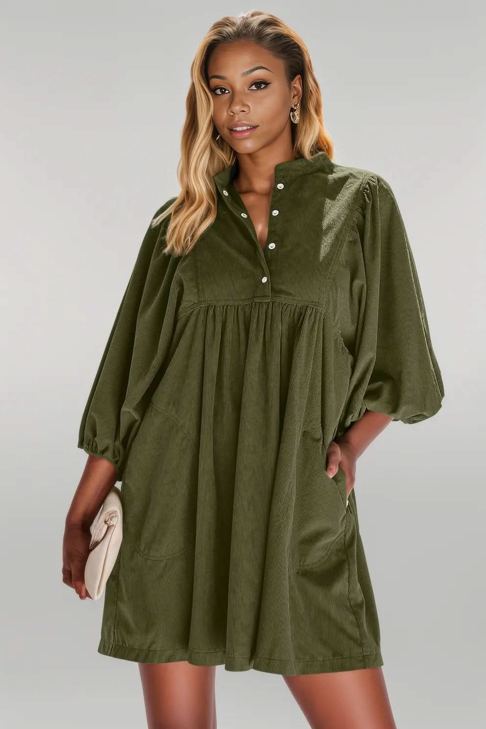 Vineyard Green Corduroy Snap Buttons Empire Waist Bracelet Sleeve Dress