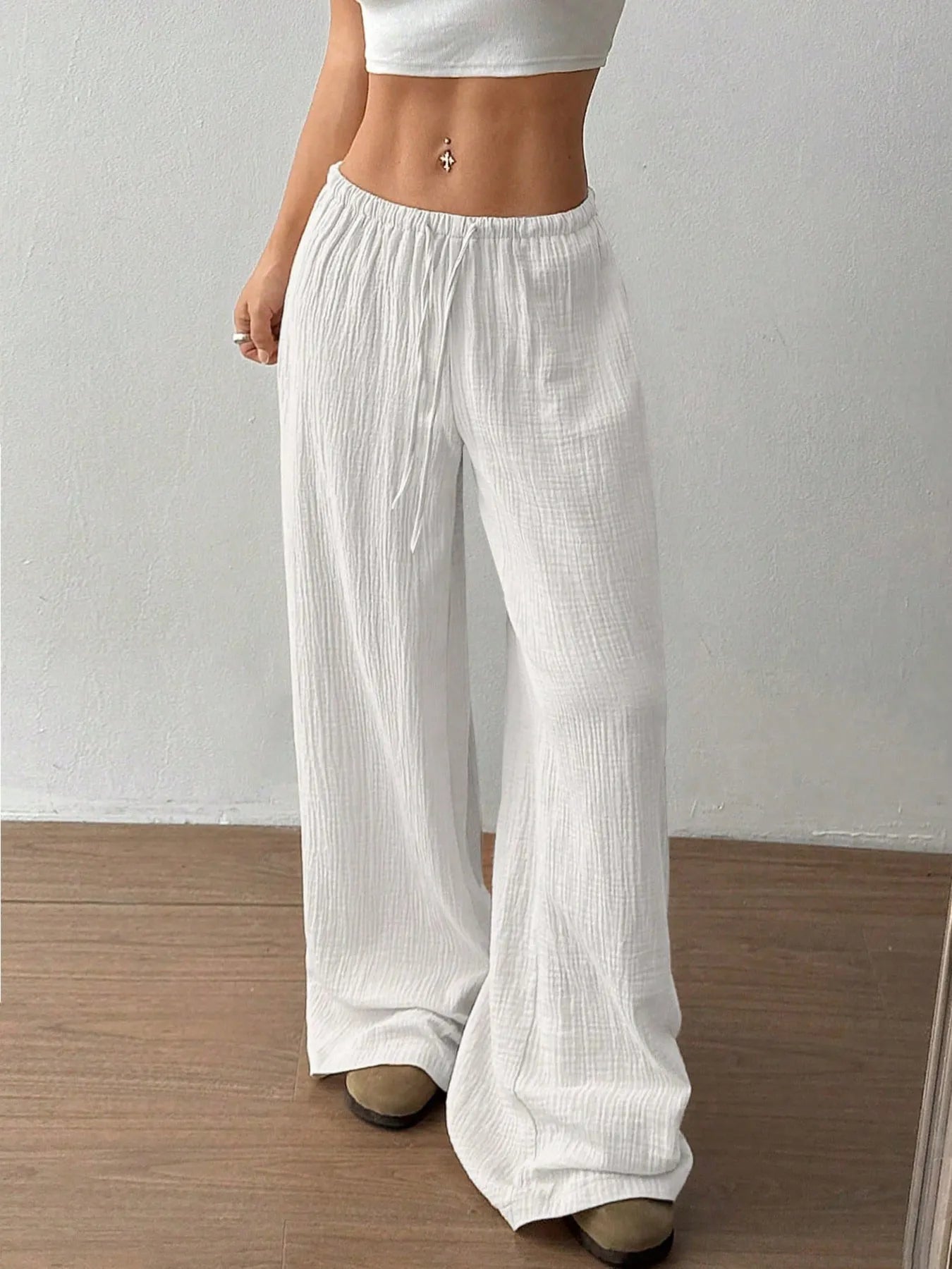 Drawstring Wide-Leg Casual Pants White