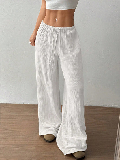 Drawstring Wide-Leg Casual Pants White