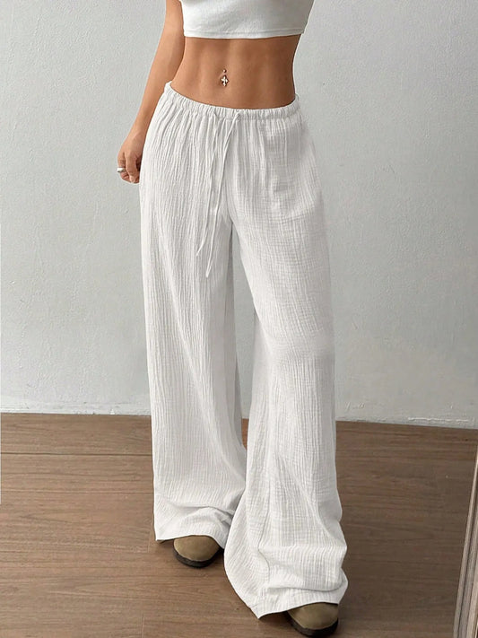 Drawstring Wide-Leg Casual Pants White