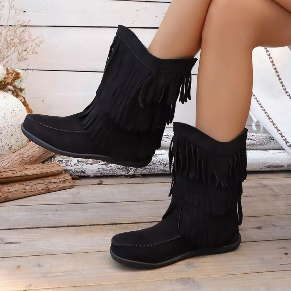Fringe Round Toe Boots
