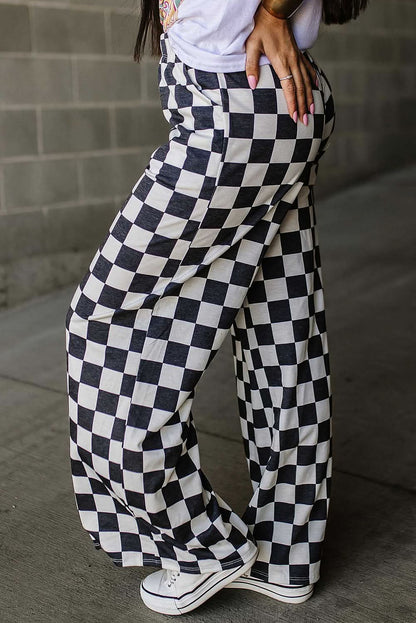 Checkered Wide Leg Pants Black
