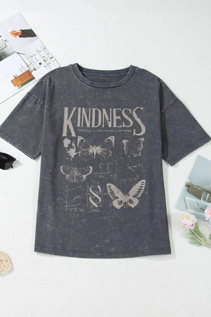 Kindness Butterflies Graphic Mineral Wash Loose Tee Dark Gray