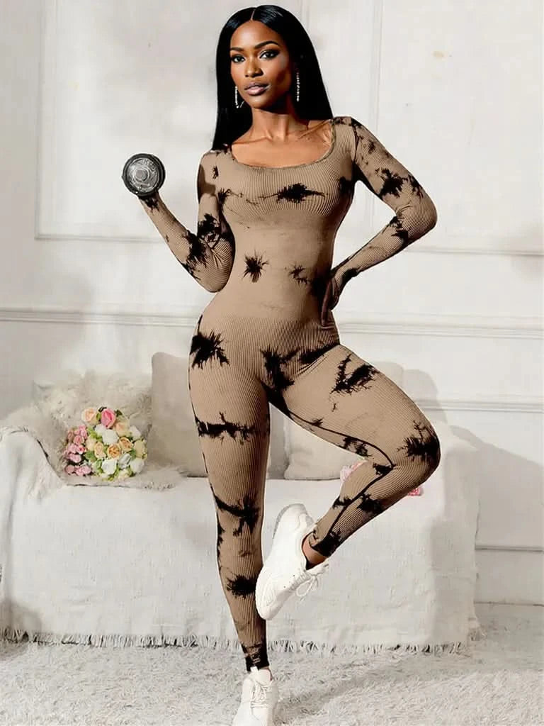 Scoop Neck Long Sleeve Active Jumpsuit Taupe