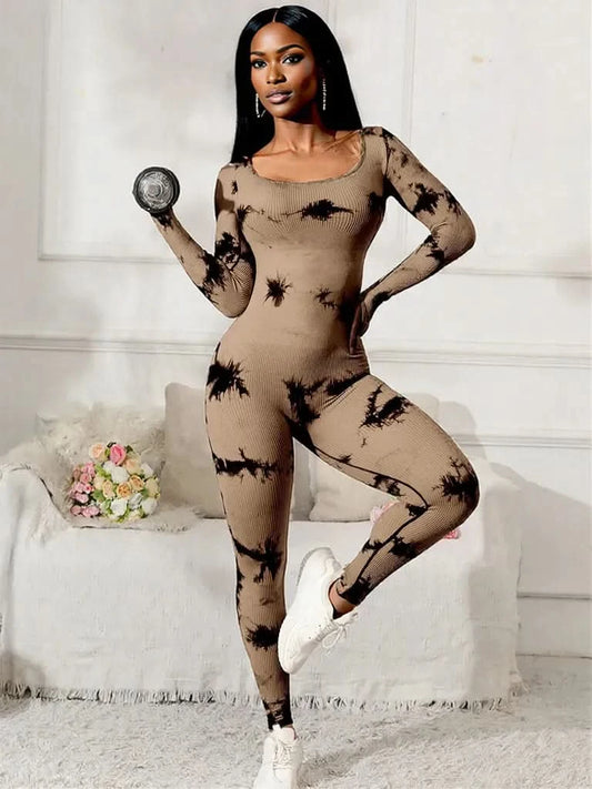 Scoop Neck Long Sleeve Active Jumpsuit Taupe