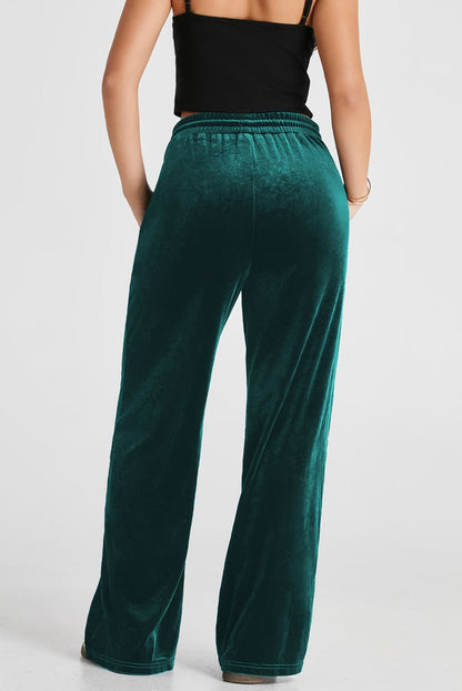Black Solid Drawstring Waist Wide Leg Pants Evergreen 95%Polyester+5%Elastane