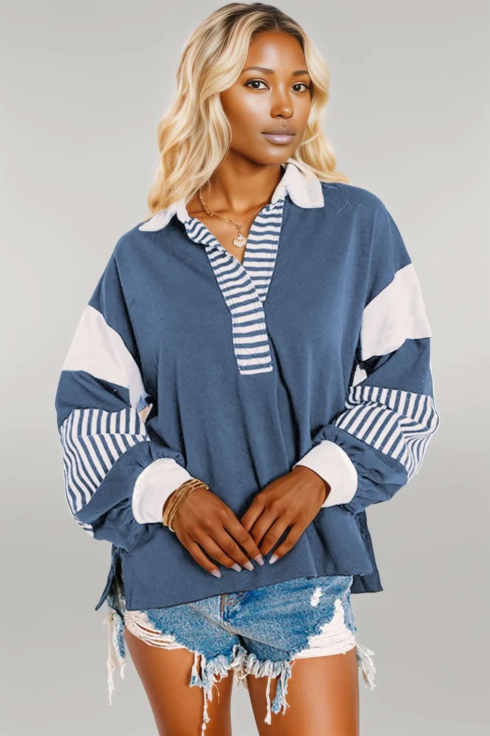 Black Striped Colorblock Patchwork Collar Sweatshirt Sail Blue 50%Polyester+50%Cotton
