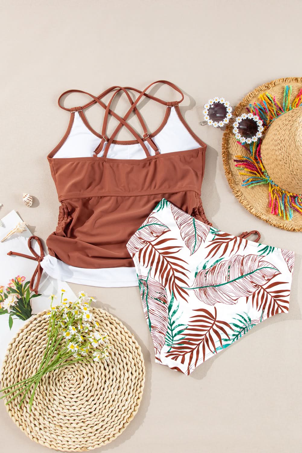 Mineral Red Drawstring Tummy Control Mix-and-match 2pcs Tankini Swimsuit Mineral Red 82%Polyamide+18%Elastane