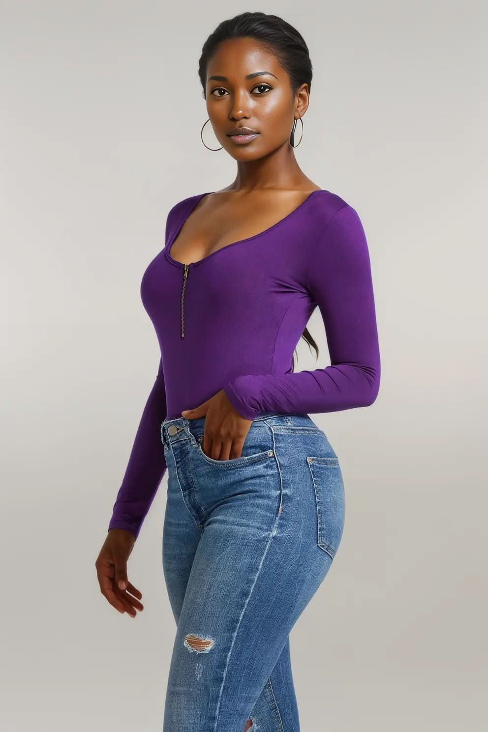 Half Zip Scoop Neck Long Sleeve Bodysuit