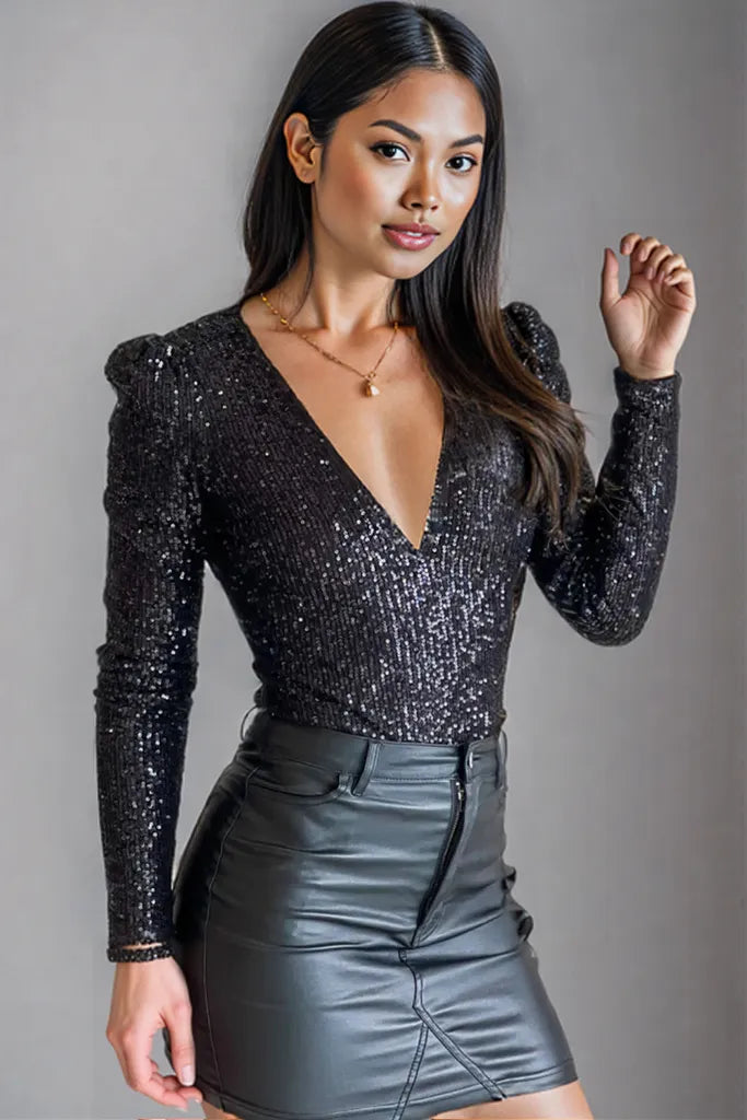 Sequin V-Neck Long Sleeve Bodysuit