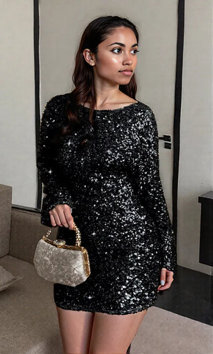 Sequin Long Sleeve Bodycon Mini Dress Black