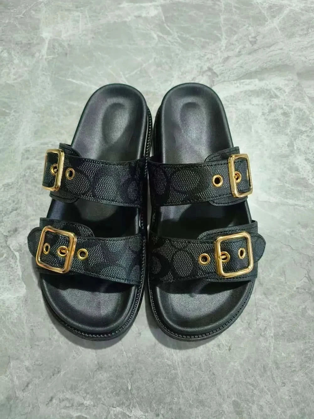 Open Toe Double Buckle Sandals Black