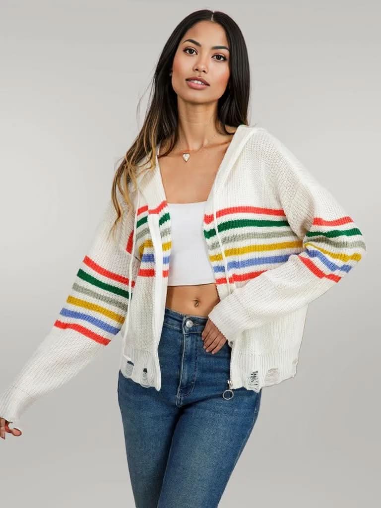 Drawstring Striped Dropped Shoulder Hooded Cardigan White