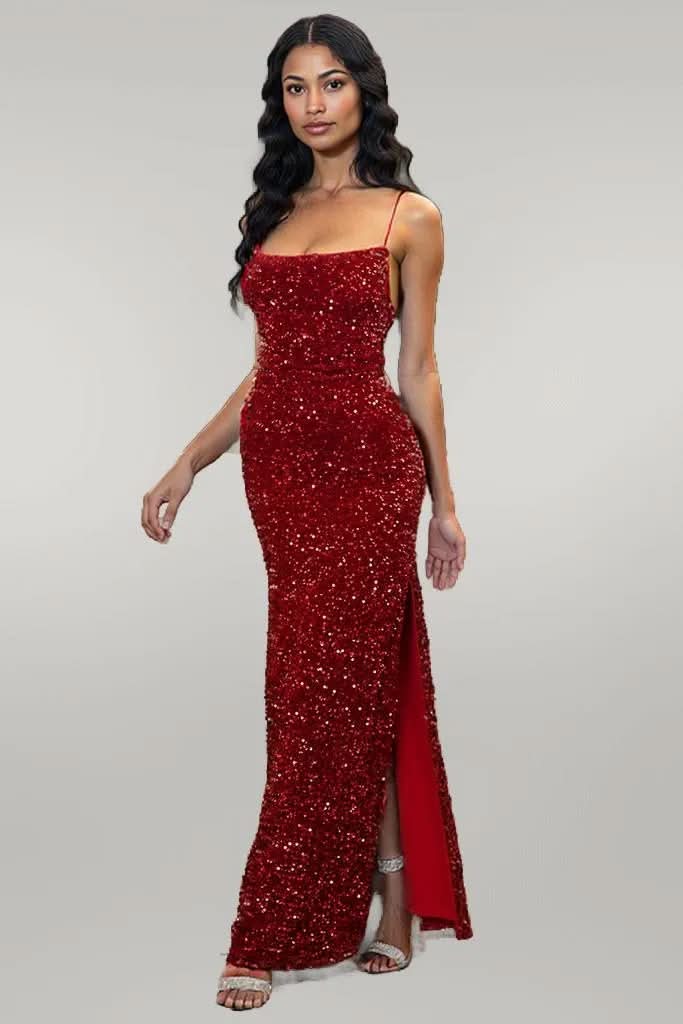 Sequin Backless Split Maxi Dress Wine