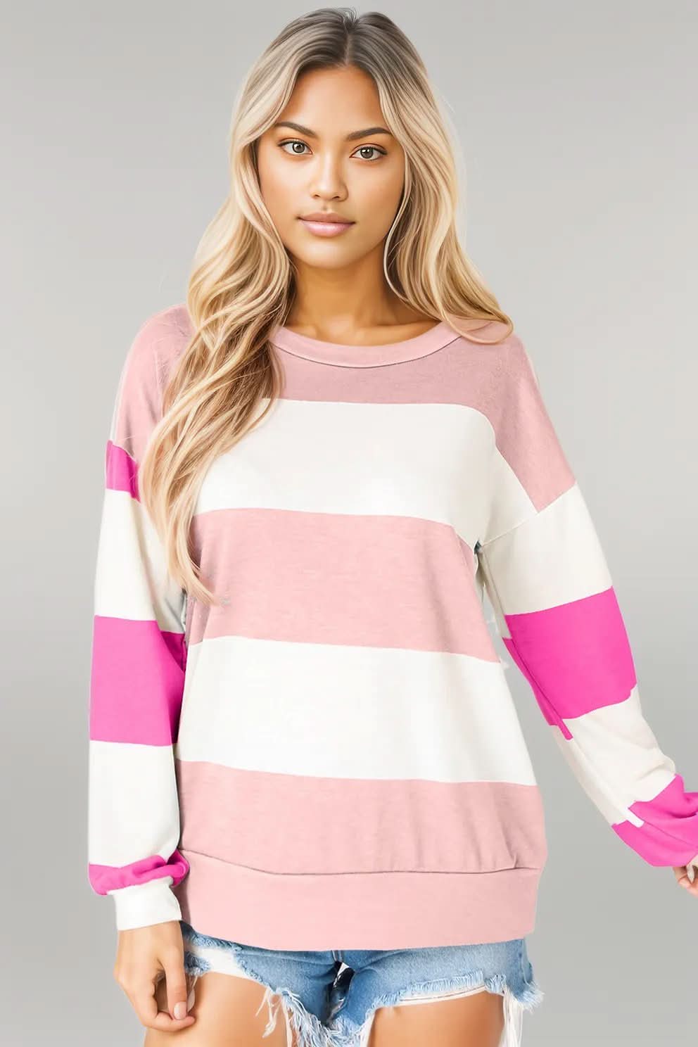 Light Blue Colorblock Striped Drop Shoulder Long Sleeve Top