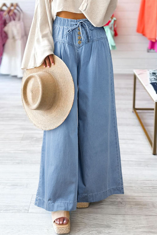 Blue Mineral Wash Button Fly Waist Wide Leg Jeans