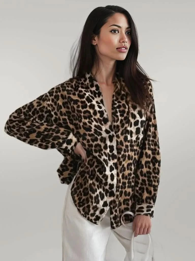 Leopard Collared Neck Long Sleeve Shirt