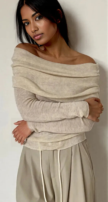 Off-Shoulder Long Sleeve Knit Top