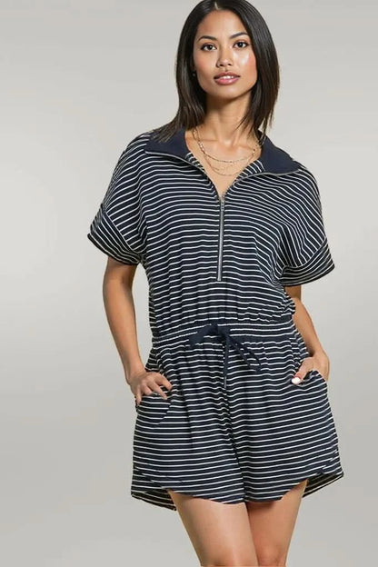 Umgee Full Size Half Zip Striped Romper Plus Size Dark Navy