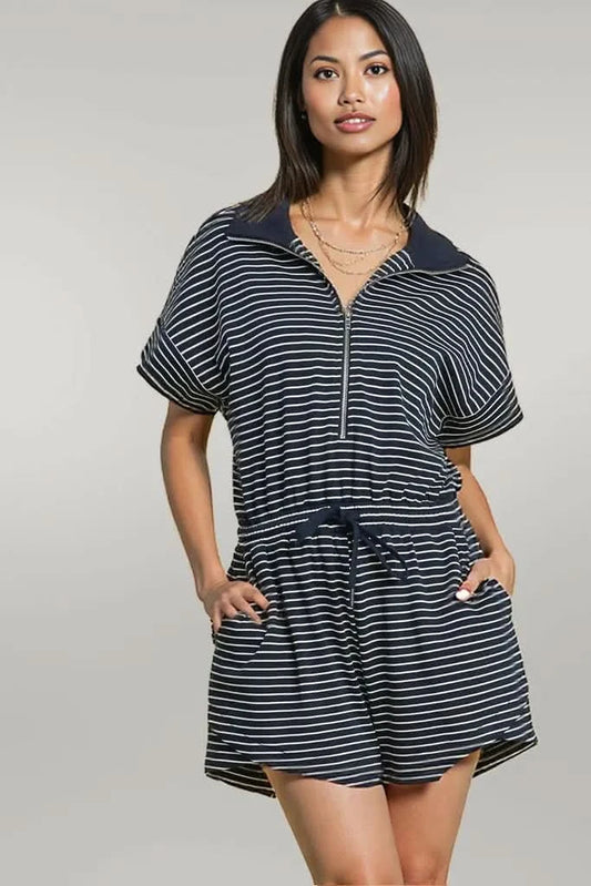 Umgee Full Size Half Zip Striped Romper Plus Size Dark Navy