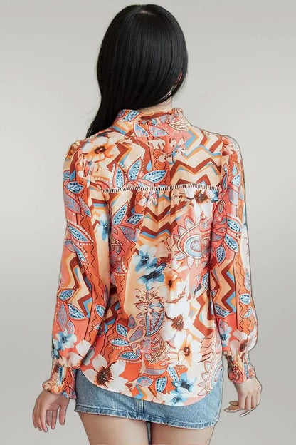 Orange Floral Print Shirred Cuff Buttoned Loose Shirt Orange 81%Viscose+19%Polyamide