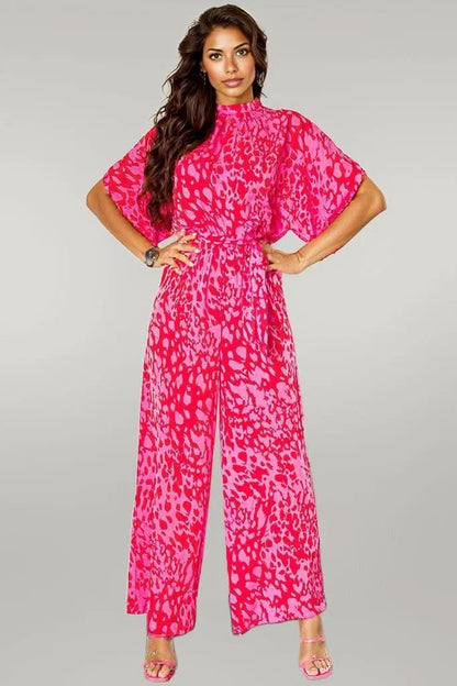 Rose Leopard Loose Sleeve Belted Wide Leg Jumpsuit