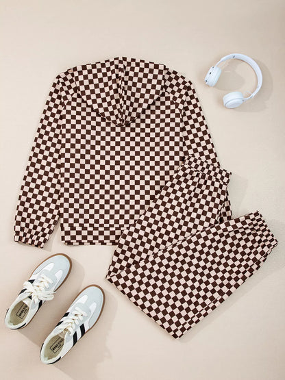 Checkered Drawstring Hoodie and Pants Set Plaid