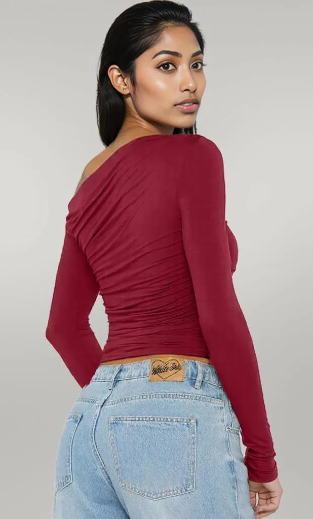 Ruffled Single Shoulder T-Shirt Burgundy