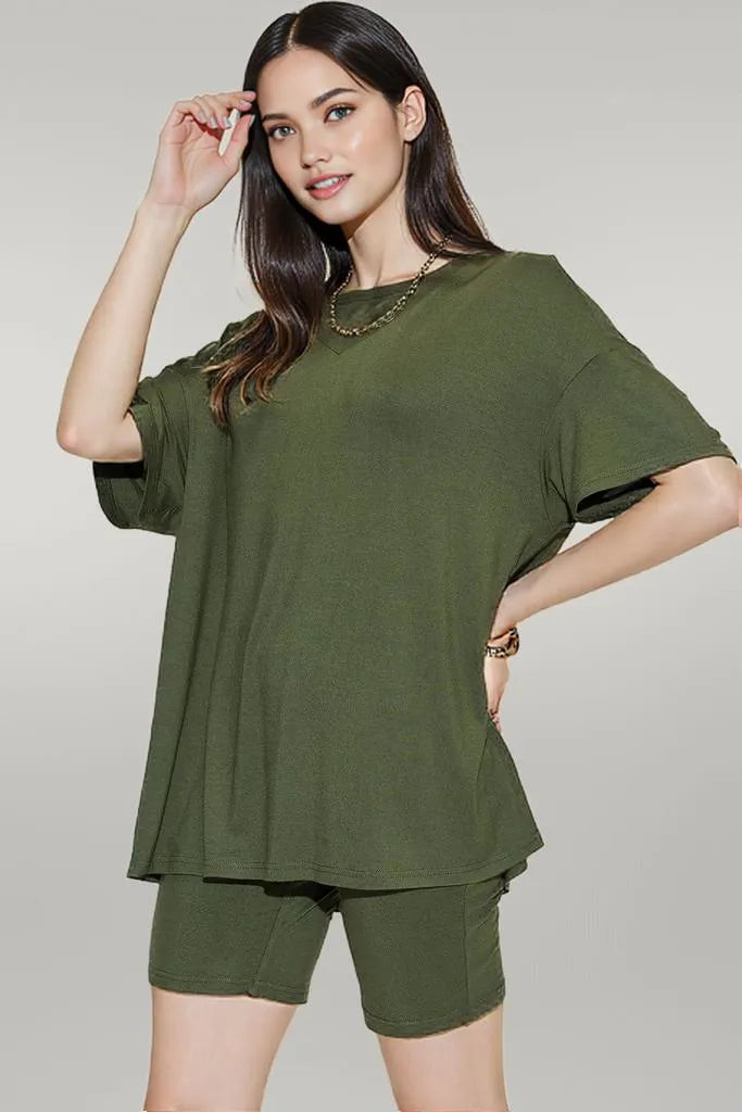 Basic Bae Full Size V-Neck Drop Shoulder T-Shirt and Shorts Set Matcha Green