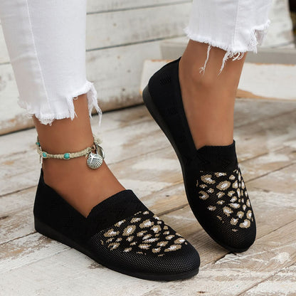 Leopard Mesh Round Toe Flat Slip-Ons Black