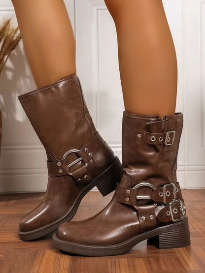 Round Toe Block Heels Boots