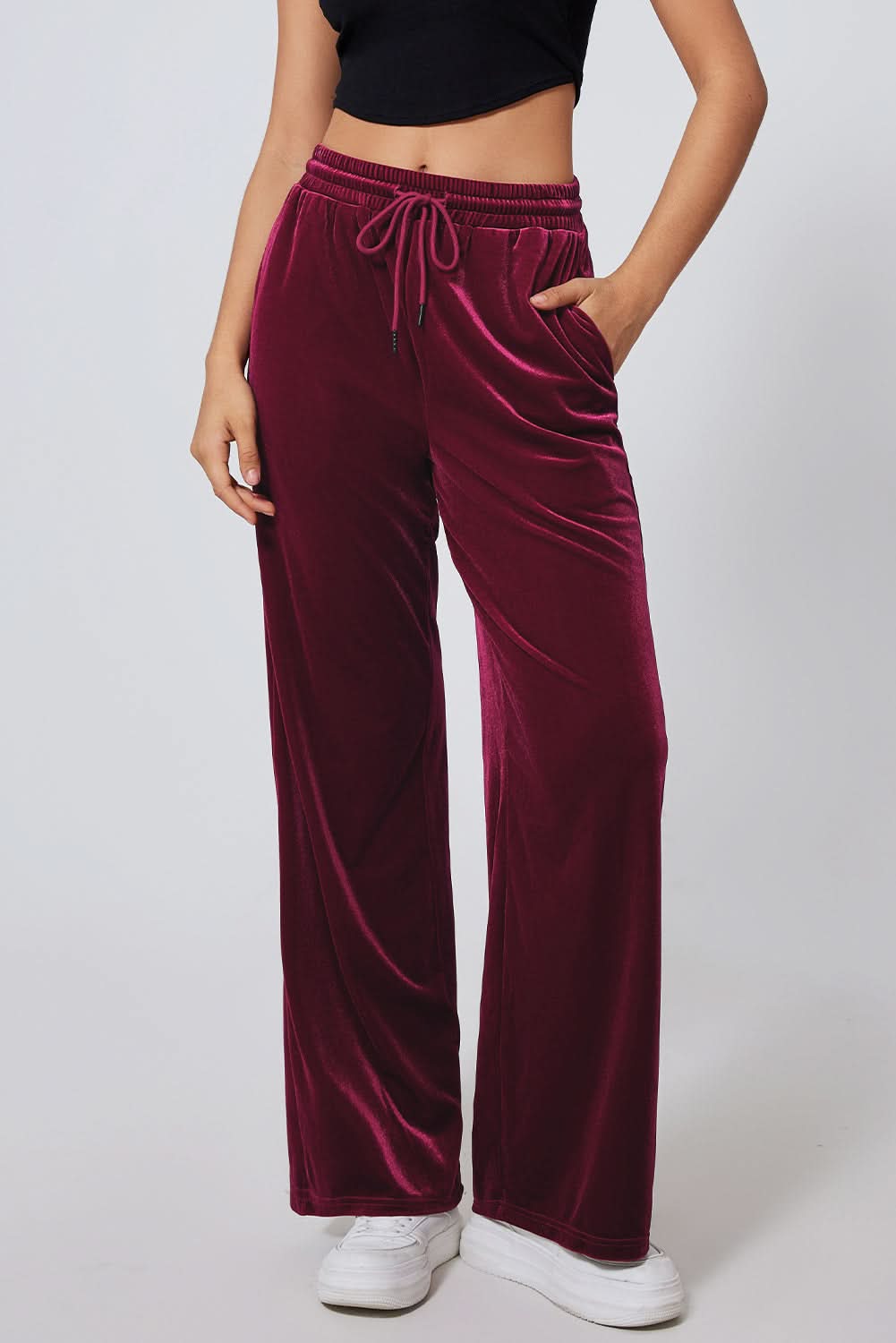 Black Solid Drawstring Waist Wide Leg Pants Burgundy 95%Polyester+5%Elastane