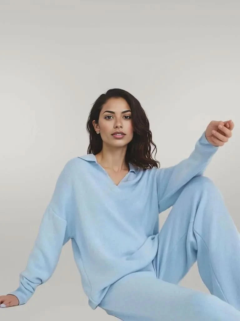 Johnny Collar Long Sleeve Top and Pants Sweater Set Light Blue One Size