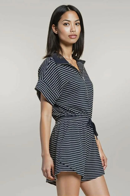 Umgee Full Size Half Zip Striped Romper Plus Size
