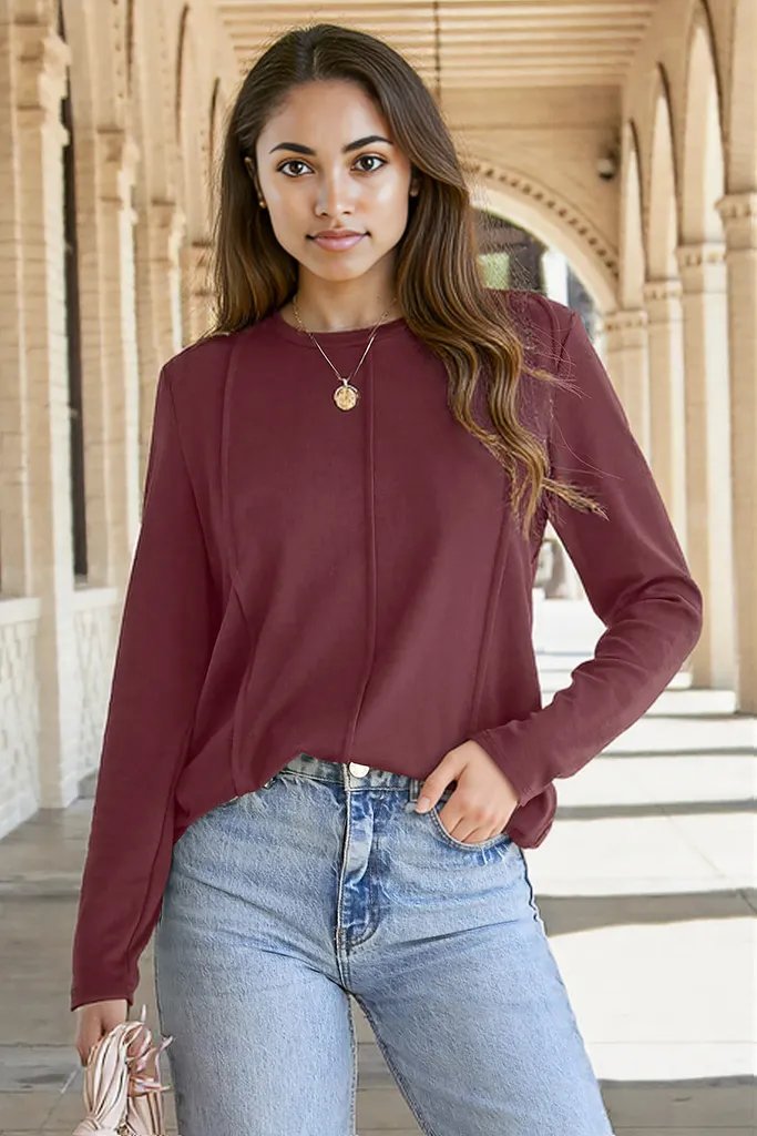 Black Solid Exposed Seam Crew Neck Long Sleeve Top