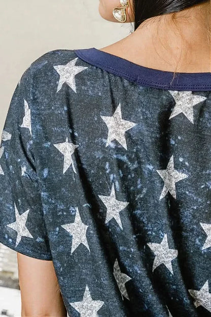 BiBi Vintage Star Print Top With Contrast Caged Neck
