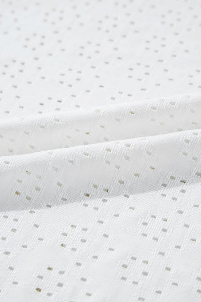 White Eyelet Pattern Boat Neck Casual Tee White 97%Polyester+3%Elastane