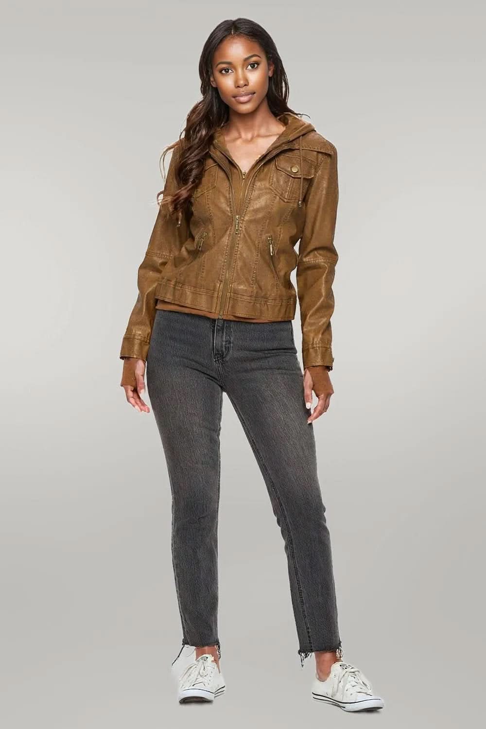 Coalition LA Double Zip Hooded Long Sleeve Jacket Camel