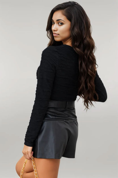 Black Solid Wavy Textured Slim Fit Long Sleeve Shirt
