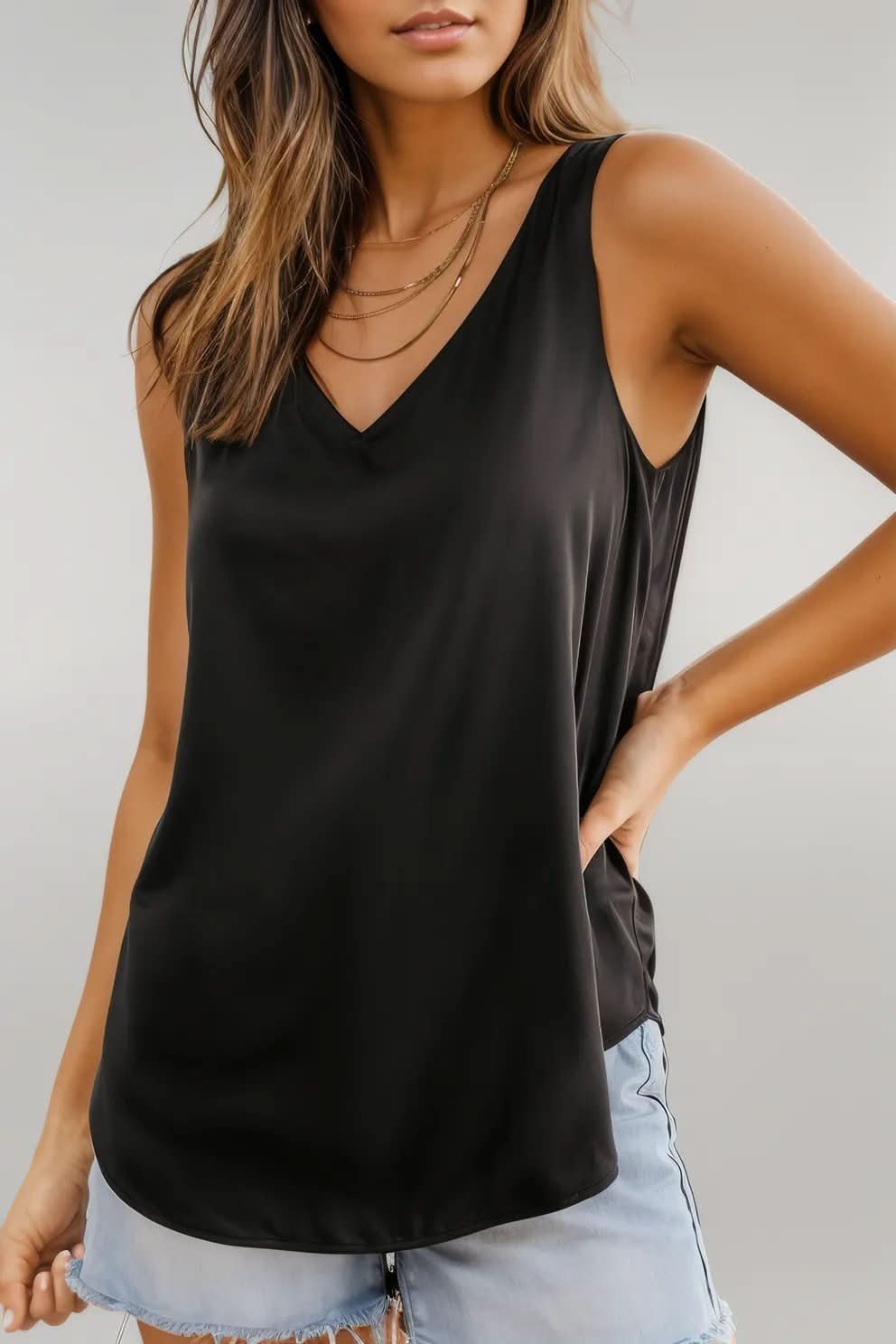 Black Deep V Neck Loose Tank Top Black 100%Polyester