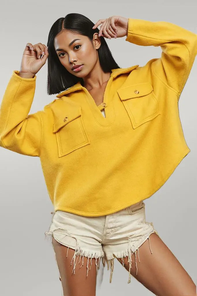 BiBi Flap Pockets Fleece Collared Sweatshirt