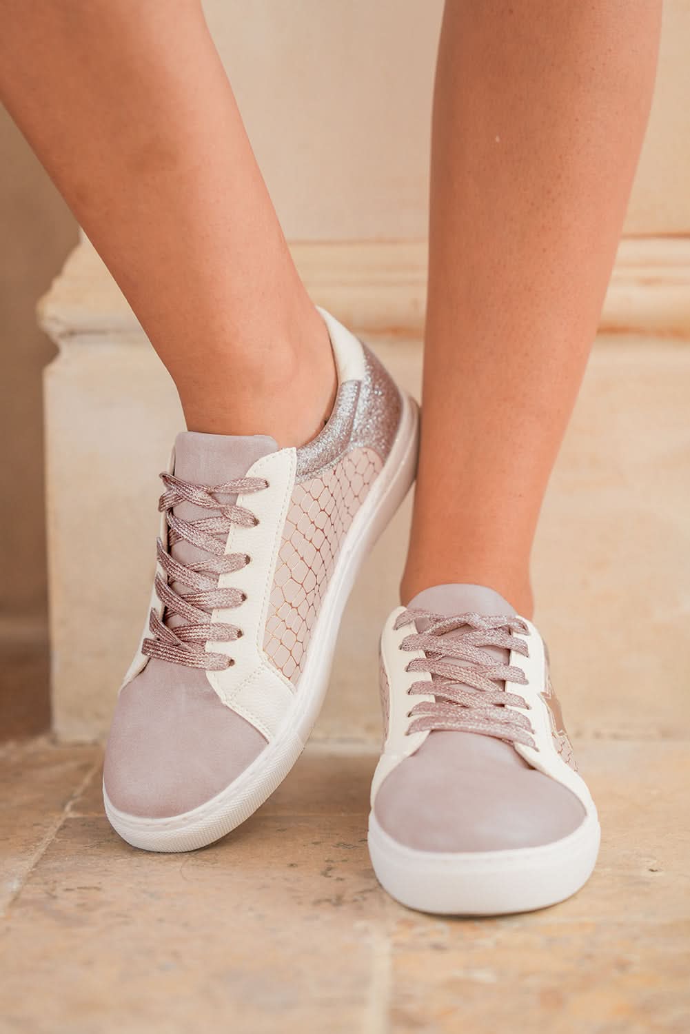 Gold Glitter Star Patchwork PU Leather Lace-up Sneakers Gold 70%PVC+30%PU