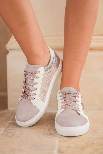 Gold Glitter Star Patchwork PU Leather Lace-up Sneakers Gold 70%PVC+30%PU