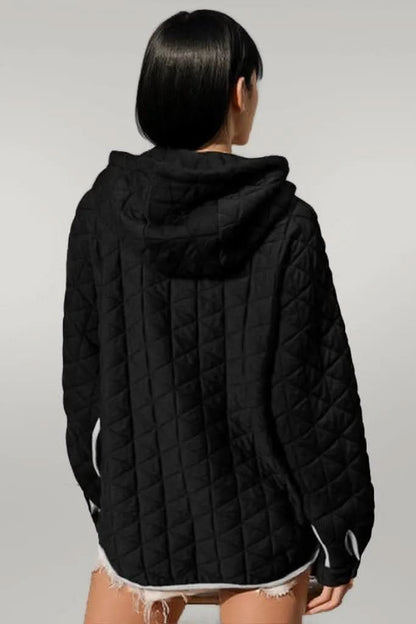 Double Take Contrast Trim Long Sleeve Half Snap Texture Hoodie with Pocket Black