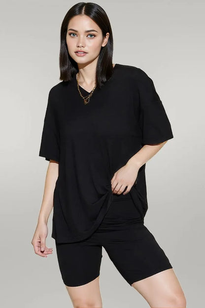 Basic Bae Full Size V-Neck Drop Shoulder T-Shirt and Shorts Set Black