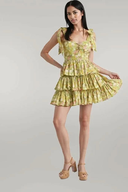 MABLE Floral Print Shoulder Tie Layered Mini Dress