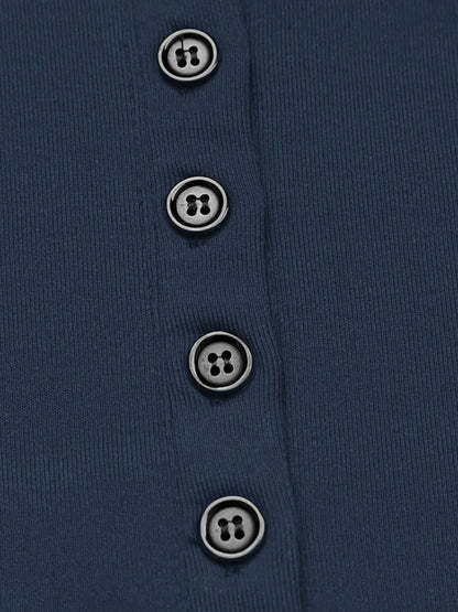 Long Sleeve Button Front Fitted T-Shirt Dark Blue